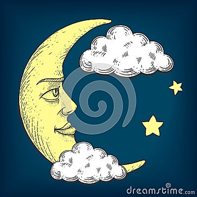 Moon with face engraving style vector illustration Vector Illustration