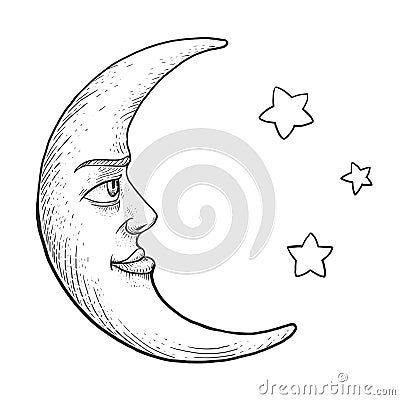 Moon with face engraving style vector illustration Vector Illustration