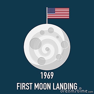 Moon first landing 1969 flat design vector Cartoon Illustration