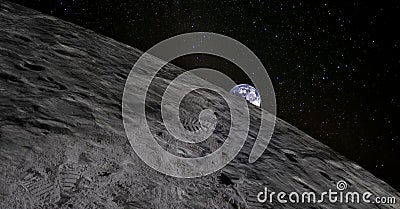 Moon with footprints and the Earth rising on the horizon. Evidence of people being there or great forgery. Stock Photo