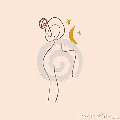 Moon girl meditation, line art woman drawing. Vector Illustration