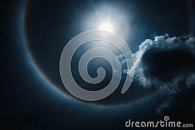 Moon halo phenomenon. Nighttime sky and bright full moon with sh Stock Photo