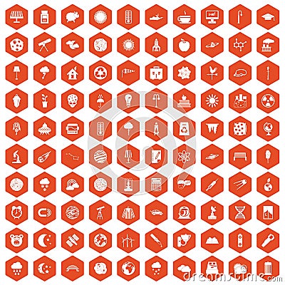 100 moon icons hexagon orange Vector Illustration