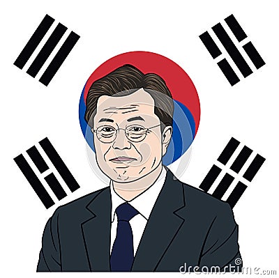 Moon Jae-in President of South Korean Portrait Illustration with Flag Background, Flat Vector Design Vector Illustration