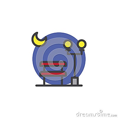 Moon, lantern and bench in a park at night filled outline icon Vector Illustration