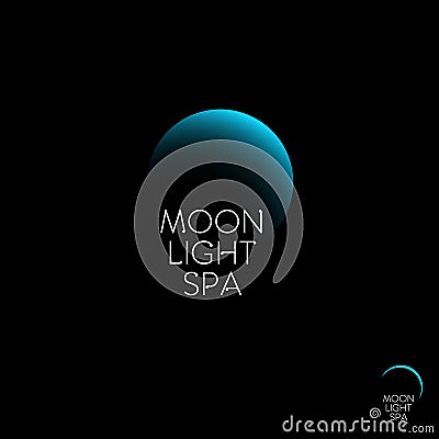Moon Light Spa logo. Blue Moon and the letters on a dark background. Vector Illustration