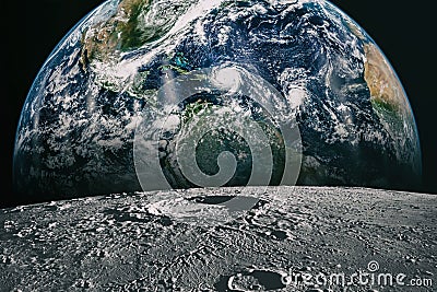 Moon limb with Earth rising on the horizon.Earth rises above lunar horizon. Elements of this image furnished by NASA Stock Photo