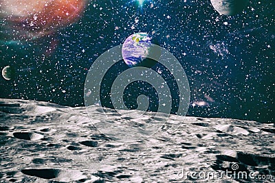 Moon limb with Earth rising on the horizon.Earth rises above lunar horizon. Elements of this image furnished by NASA Stock Photo