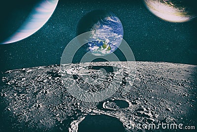 Moon limb with Earth rising on the horizon.Earth rises above lunar horizon. Elements of this image furnished by NASA Stock Photo