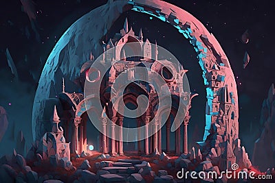 the moon lit up the night sky in this art in the style of fantastical ruins Stock Photo