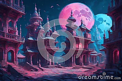 the moon lit up the night sky in this art in the style of fantastical ruins Stock Photo