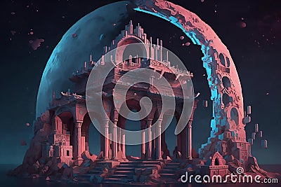 the moon lit up the night sky in this art in the style of fantastical ruins Stock Photo