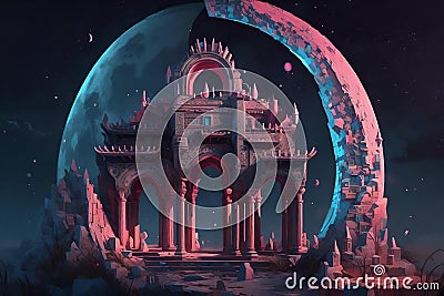 the moon lit up the night sky in this art in the style of fantastical ruins Stock Photo