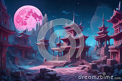 the moon lit up the night sky in this art in the style of fantastical ruins Stock Photo