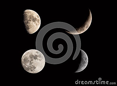 Moon lunar eclipse phases collage set on black sky. Crescent and full moon. Moon cosmic textures for your project. Stock Photo