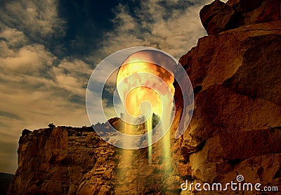 Moon Melting over Side of Sandstone Cliff Stock Photo