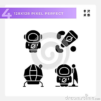 Moon mission pixel perfect black glyph icons set on white space Vector Illustration