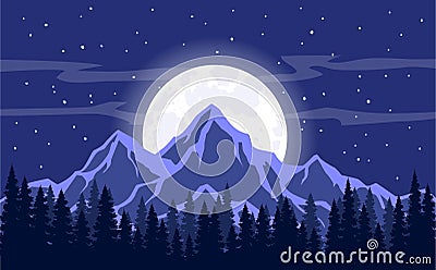 Moon, Moonlight, Rocky Mountains and Pine trees forest Background Vector Illustration Vector Illustration