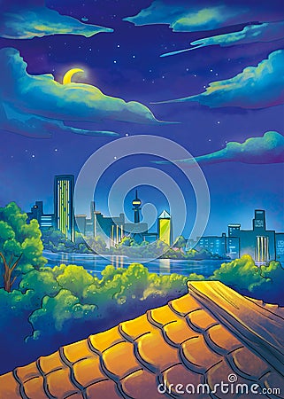 Moon Night City Scene. Fantasy Backdrop. Concept Art. Realistic Illustration Stock Photo