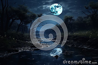 Moon night river. Generate Ai Stock Photo