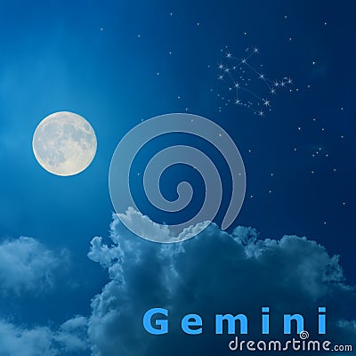 Moon in the night sky with design zodiac constellation Gemi Stock Photo