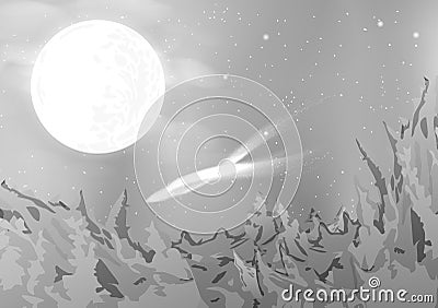 Moon on night sky monochrome galaxy and space abstract background, mountains panorama with comet fantasy cloudy scene stars Vector Illustration