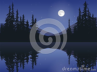 Moon Over Calm Lake Vector Illustration