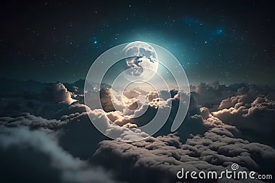 Moon over clouds. Illuminate full moon above the sky clouds. Moonlight cloudspace outer space. Generative AI Stock Photo