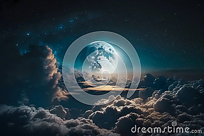 Moon over clouds. Illuminate full moon above the sky clouds. Moonlight cloudspace outer space. Generative AI Stock Photo