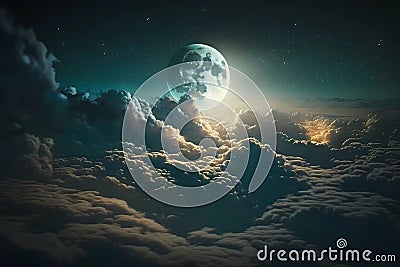 Moon over clouds. Illuminate full moon above the sky clouds. Moonlight cloudspace outer space. Generative AI Stock Photo