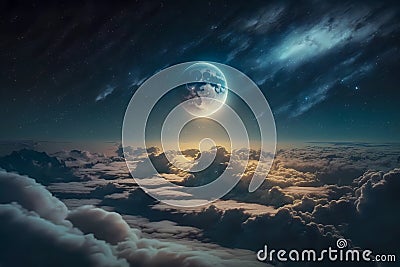 Moon over clouds. Illuminate full moon above the sky clouds. Moonlight cloudspace outer space. Generative AI Stock Photo