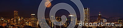 Moon Over Portland Oregon City Skyline at Dusk Stock Photo