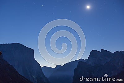 Moon Over Yosemite Valley as Seen from Tunnel View Stock Photo