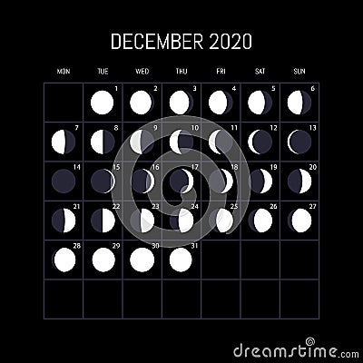 Moon phases calendar for 2020 year. December. Night background design. Vector illustration Vector Illustration