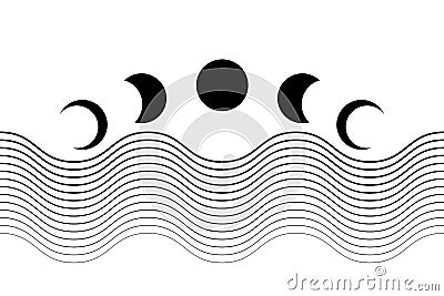 Moon phases, geometric waves, abstract contemporary aesthetic background. Black tattoo color. Boho wall decor modern minimalist Vector Illustration