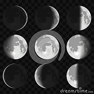 Moon phases. Night space astronomy and nature moon phases sphere shadow. The cycle from new moon to full moon on a Vector Illustration