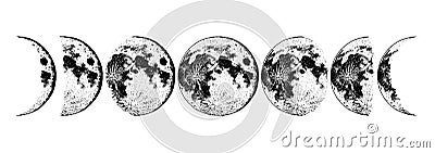 Moon phases planets in solar system. Astrology or astronomical galaxy space. Orbit or circle. Engraved hand drawn in old Vector Illustration