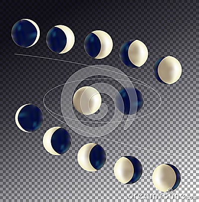 Moon phases realistic icon set on transparent background Vector Illustration