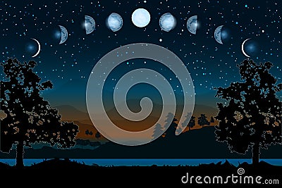 Moon phases. Whole cycle from new moon to full. Vector Illustration