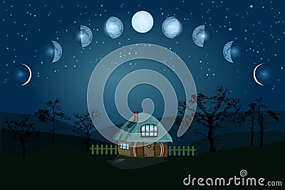 Moon phases. Whole cycle from new moon to full. Vector Illustration