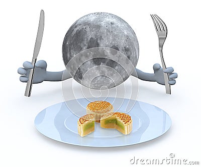 Moon planet with hands and utensils in front of an mooncake plat Stock Photo