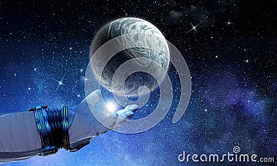 Moon planet in spaceman hand. Mixed media Stock Photo