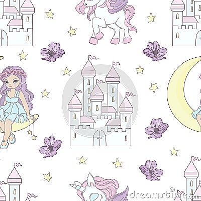 MOON PRINCESS Fairy Tale Seamless Pattern Vector Illustration Stock Photo