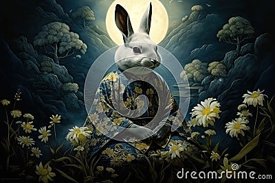 Moon rabbit dressed in kimono with white flowers at night. Stock Photo