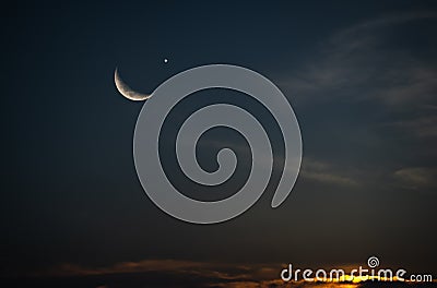 Moon Ramadan Background Eid Kareem Mubarak with Night Crescent Haft Moon and Star Islam Symbols Nature,Evening Sky Holy Arabic Stock Photo