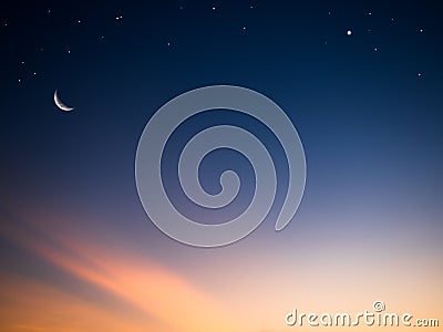 Moon Ramadan Background Eid Kareem Mubarak with Night Crescent Haft Moon and Star Islam Symbols Nature,Evening Sky Holy Arabic Stock Photo