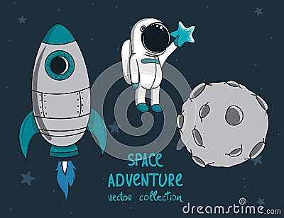 Moon, rocket and little funny astronaut Vector Illustration