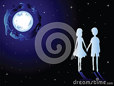 Moon and romantic couples Vector Illustration