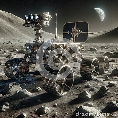 Moon Rover Exploration: AI's Lunar Odyssey Stock Photo