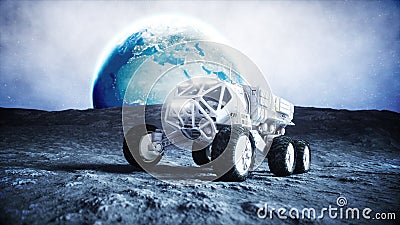 Moon rover on the moon. space expedition. Earth background. 3d rendering. Stock Photo